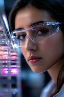 Young female scientist in protective eyewear examining laboratory glassware with pink luminescent liquid against dark background, close-up portrait in modern research facility.