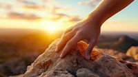 Hand touching sunlit rock formation during golden sunset, dramatic mountain landscape with warm glowing sky and atmospheric lighting creates inspiring outdoor scene.