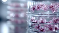 Pink cherry blossoms floating in clear glass containers create serene spa atmosphere with soft bokeh background, capturing delicate spring wellness mood.