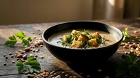 Creamy mushroom soup with herbs and croutons served in black bowl on rustic wooden table with parsley garnish and scattered spices for cozy dining.