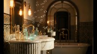 Luxurious bathroom interior with vintage Edison bulb lighting, marble countertop, ornate mirror and floating soap bubbles creating elegant spa atmosphere.