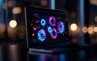 Laptop screen displaying glowing blue and pink virus cell structures against dark background with bokeh lights, scientific visualization for medical research.