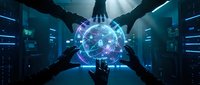 Business team hands reaching toward glowing digital brain with network connections in futuristic data center representing AI collaboration and innovation.