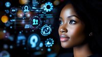 Young African American businesswoman gazing at futuristic digital interface with glowing technology icons and data visualization elements.
