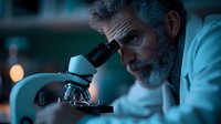 Mature bearded male scientist in white coat examining specimen through microscope in dark laboratory with dramatic blue lighting. Medical research concept.