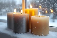 Glowing candles on snowy windowsill create cozy winter atmosphere with warm candlelight against frosty window background during snowfall.