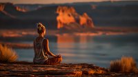 Young woman meditating in lotus position on rocky cliff overlooking ocean at golden sunset. Peaceful mindfulness practice in nature for wellness and relaxation.