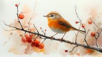 Small orange songbird perched on winter branch with red berries against soft watercolor background, artistic nature illustration in delicate style.