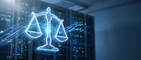 Digital justice scales hologram with glowing blue light effects and data streams in modern tech environment for legal technology concepts.