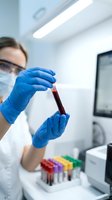 Female Caucasian lab technician in gloves and mask holds blood sample tube in modern medical laboratory for clinical analysis.