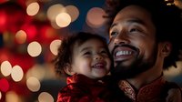 Happy African American father and toddler son enjoying Christmas celebration with warm bokeh lights creating magical holiday atmosphere at home.