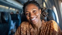 Happy African American woman with braided hair smiling on airplane during flight travel journey for vacation or business trip.