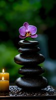 Purple orchid flower on balanced black spa stones with burning candles creating peaceful zen meditation atmosphere for wellness and relaxation treatments.