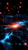 Abstract digital network explosion with glowing orange light burst and blue connections on black background, representing technological breakthrough or data transfer.