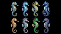 Seahorse collection in various colors isolated on transparent background, ready for t-shirt design, clipart, stickers, sublimation and print-on-demand products.