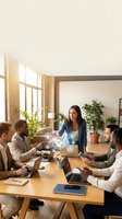 Team of diverse professionals collaborating around wooden table with laptops, analyzing digital network icons and data visualization in bright office space with natural light and plants.