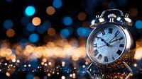 Vintage alarm clock against blurred bokeh lights background in blue and gold tones, symbolizing time management and countdown to midnight celebration.