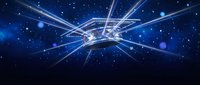 Futuristic spaceship with glowing engines flying through deep space with bright stars and cosmic light beams creating dynamic sci-fi atmosphere.