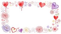 Romantic watercolor frame with hearts, roses and decorative swirls on white background for wedding invitations, Valentine's Day cards and love designs.