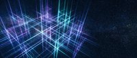 Digital grid network with glowing blue and purple lines intersecting in geometric patterns against dark starry space background, representing technology, data connectivity, and digital transformation.