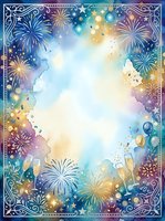Festive celebration frame with fireworks, champagne glasses, and balloons on gradient watercolor background with ornamental border, ideal for party invitations and event designs.