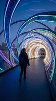 Person walking through futuristic illuminated tunnel with colorful LED lights creating spiral patterns and modern architectural design for technology concepts.