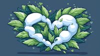 Decorative heart shape formed by white snake with green leaves on dark background, fantasy art style illustration for nature and wildlife designs.