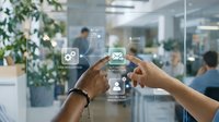 Business professionals using digital interface with automation icons in modern office environment for workflow optimization and technology integration.