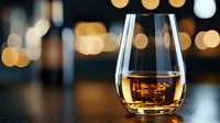 Glass of golden whiskey on dark table with blurred bokeh lights background, luxury spirit drink with amber reflections and warm atmosphere.