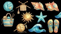 Coastal beach crafts collection with yarn ball, knitting needles, woven basket, decorative shells, sun ornament, starfish, wave, and flip-flops isolated on transparent background. Ready for t-shirt designs, clipart, stickers, and print-on-demand products.