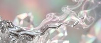 Abstract liquid metal waves flowing with iridescent rainbow reflections and prismatic light effects creating dynamic motion against soft blurred background.