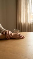 Hands resting on wooden table with glass mug in warm natural light from window with curtains creating peaceful morning atmosphere for relaxation concepts.