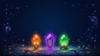 Glowing neon crystals emit orange, purple, and green light against dark starry background, suitable for fantasy game design and digital art projects.