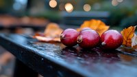 Fresh red cranberries on wet wooden surface with autumn leaves and blurred bokeh lights in background, moody fall season food photography.