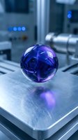 Glowing purple crystal sphere with brain pattern on metallic surface in modern laboratory setting, representing artificial intelligence and technology innovation.