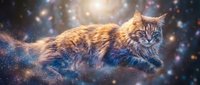 Majestic orange tabby cat floating in cosmic space with glowing stars and nebula clouds creating mystical fantasy atmosphere for creative projects.