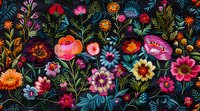 Vibrant folk art floral pattern with pink, orange, and purple blooms on dark background. Decorative botanical arrangement features wildflowers and foliage in bold colors.