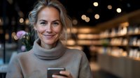 Smiling blonde woman in cozy turtleneck sweater holding smartphone in modern cafe with warm lighting and blurred background for lifestyle content.