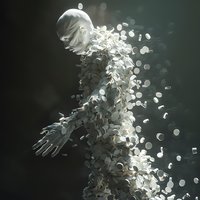 Ethereal figure composed of glowing white particles dispersing into darkness, depicting human form in motion with outstretched arm against dark background.