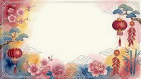 Lunar new year celebration frame with red lanterns, peonies, and traditional ornaments on cream background, suitable for greeting cards and festive designs.