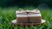 Natural handmade soap bar tied with twine string on wooden plate against green grass background, organic skincare and eco-friendly bath product photography.