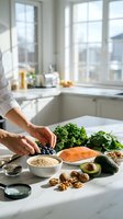 Adult hands arranging fresh produce and nutritious ingredients on marble countertop in bright kitchen with windows. Healthy eating, meal planning, nutrition.
