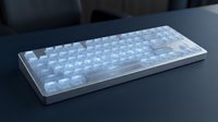 Transparent mechanical keyboard with white switches and keycaps on dark desk surface, ready for customization and gaming setup design projects.