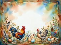 Watercolor farm scene with rooster and hen surrounded by eggs, flowers, and botanical elements on white background, suitable for farmhouse decor, greeting cards, and rustic design projects.