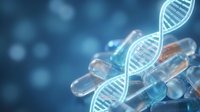 DNA double helix structure with medical capsules and pills on blue background for pharmaceutical research and genetic medicine applications.