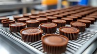 Chocolate peanut butter cups on industrial conveyor belt in candy factory production line, selective focus on fresh confectionery manufacturing process.