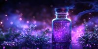 Magical glowing bottle with purple sparkles and smoke surrounded by tiny flowers in mystical night garden setting, ethereal bokeh lights create dreamy atmosphere.
