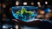 Glowing blue holographic sphere floating above palm shows green landscape with magical sparkles in dark atmospheric setting, futuristic technology concept.