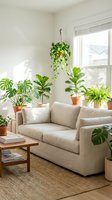 Bright living room with beige sofa, wooden coffee table, and potted green plants including monstera and hanging ivy near window for home decor and interior design.