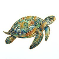 Ornate sea turtle with decorative patterns in gold, teal, and orange tones, isolated on white background. Suitable for marine wildlife designs, educational materials, and decorative applications.